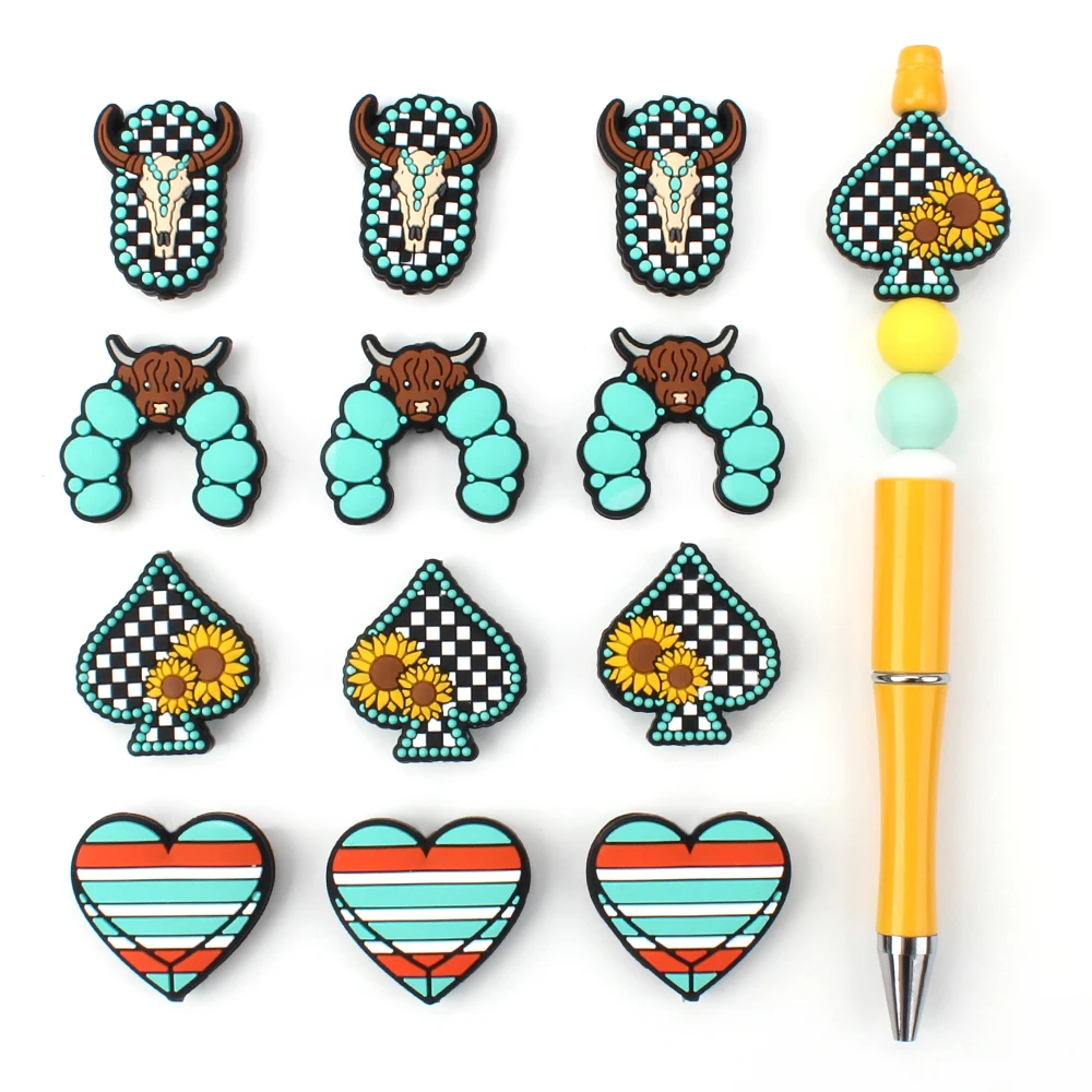 5pcs Silicone Focal Beads Turquoise Themed Cow Skull Heart Sunflower Pen Beads DIY Crafts Keychains Handcrafted Accessories