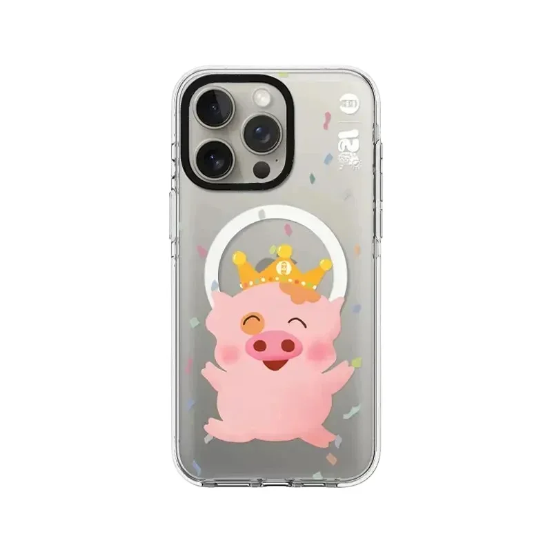 

Cute Cartoon Pig Transparent Border Magnetic iPhone 13 15 14 Pro Max Protective Case, Fits iPhone 15 Pro Max