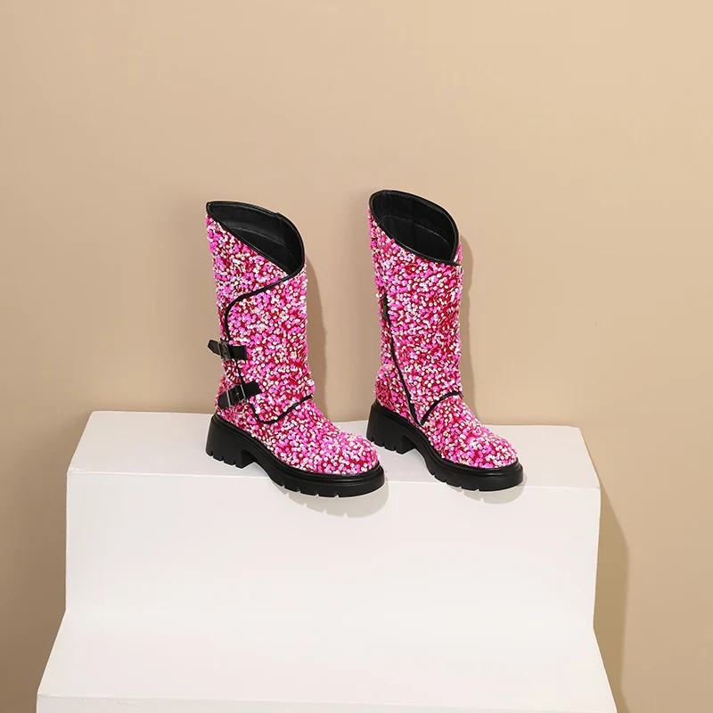 

2025 Color Small Sequins Handcrafted Large Round Head Thick Sole Thick Heel 5CM Side Zipper Buckle Comfortable Street Tide Boots