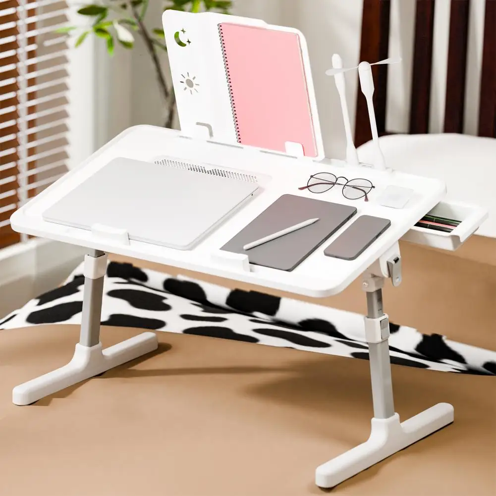 Laptop Lap Desk, Adjustable Lap Desk With Light Fan, Folding Laptop Desk For Bed With USB, Bed Desk With Storage Drawer(white)