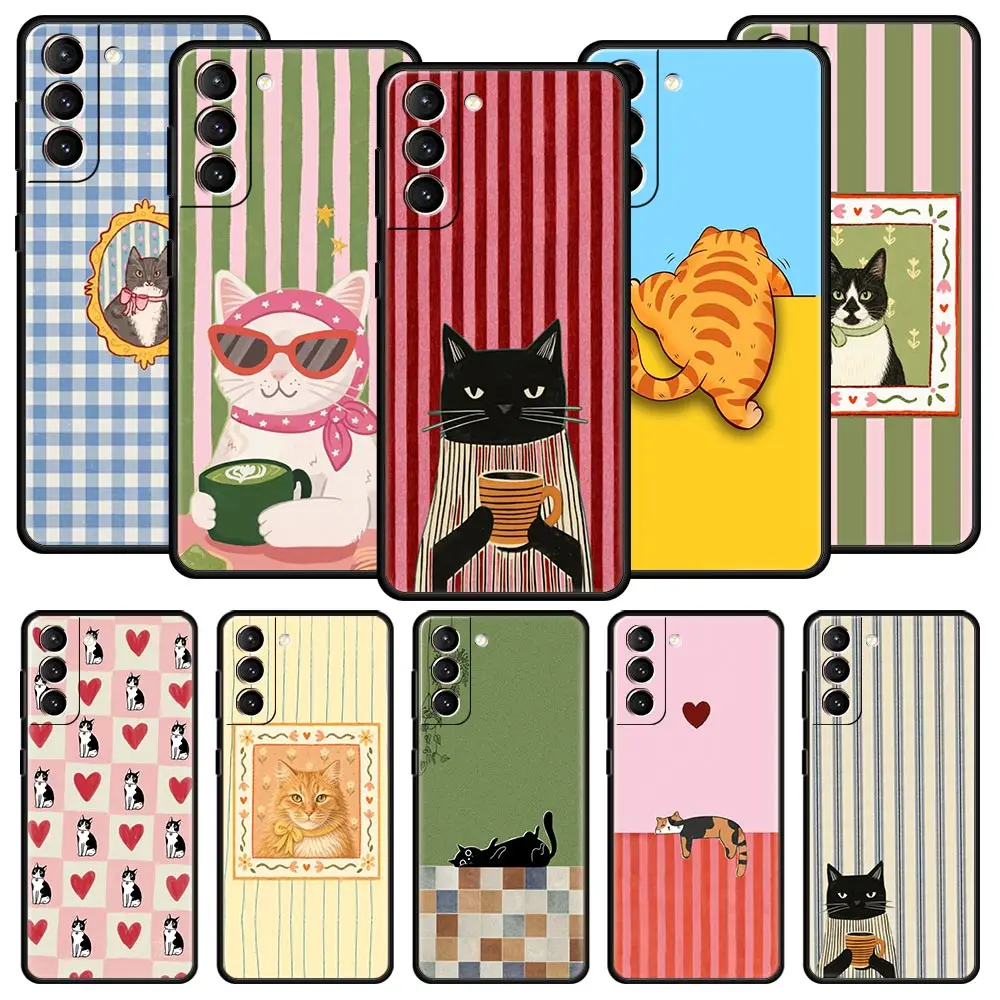 Striped Art Cat Colorful Phone Case For Samsung Galaxy S26 S25 FE S24 S23 S22 S21 Ultra S20 5G S10E Plus Protect Cover
