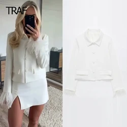 TRAF-Blazer cropped de penas feminino, blazer de manga comprida, gola lapela, casacos elegantes, primavera, verão, branco, novo, 2022