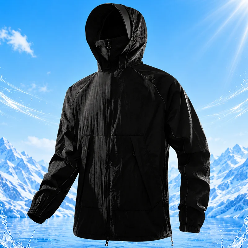 Spring Men's Hooded Sun Protection Jacket Outdoor Large Zippered Pockets Lightweight Breathable Face Suitable Windproof Jacket