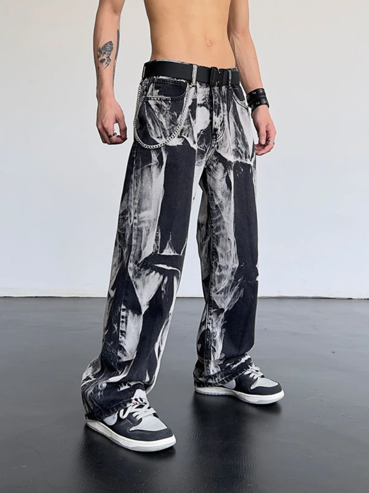 Trousers Hip Hop Chain Male Cowboy Pants Straight Tie Dye Jeans for Men Goth Black Trend 2024 Baggy Oversize Grunge Y2k Washed