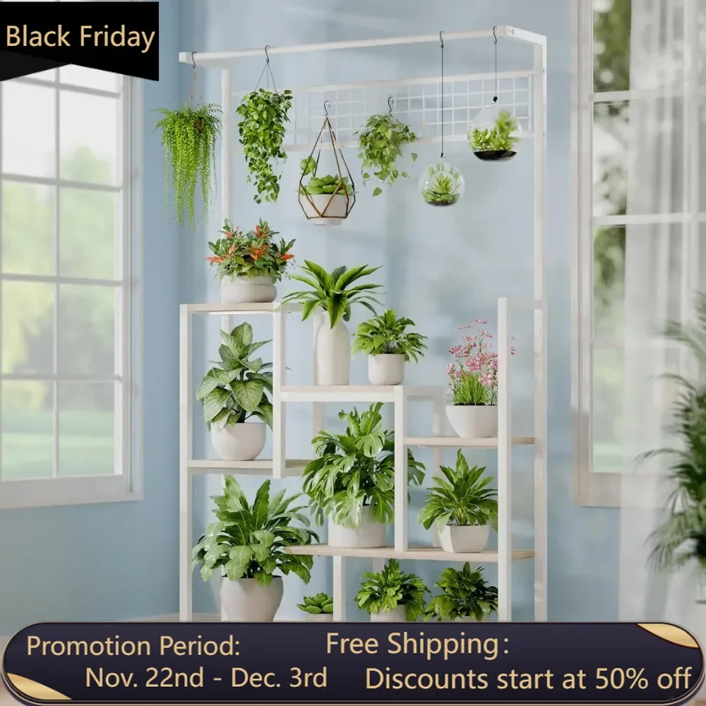 Indoor tall plant racks with growth lights, multiple 6-layer metal plant racks for indoor plants, and large plant display racks