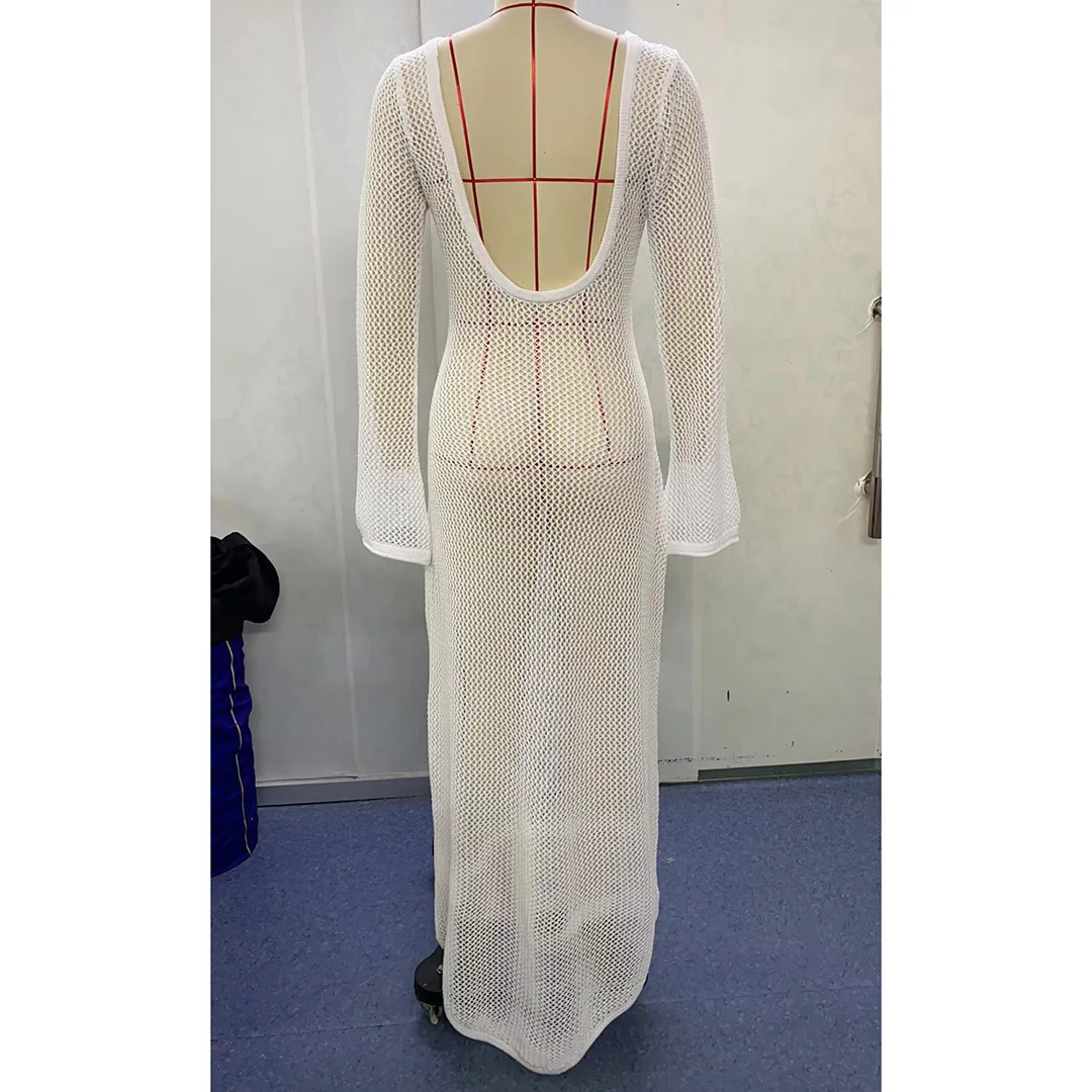 Sexy Langarm-Tunika mit Ausschnitten, gehäkelt, gestrickt, Strandkleid, Strandmode, Damen V5319 – Detail 10