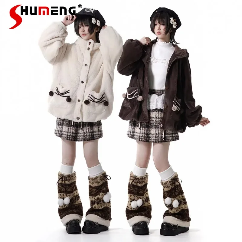 

Winter Fluffy Eco-Friendly Faux Fur Lined Coat Long-sleeves Single-breasted Top Jacket High Neck Bottoming T-shirt Plaid Skirt