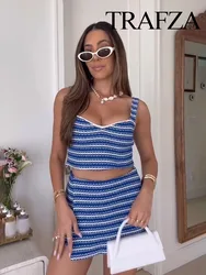 TRAFZA Women Summer Fashion 2 Piece Set Sexy Blue Stripes Knit Camisole Sleeveless V-Neck Top+Slim Zipper High Waist Shorts TRAF