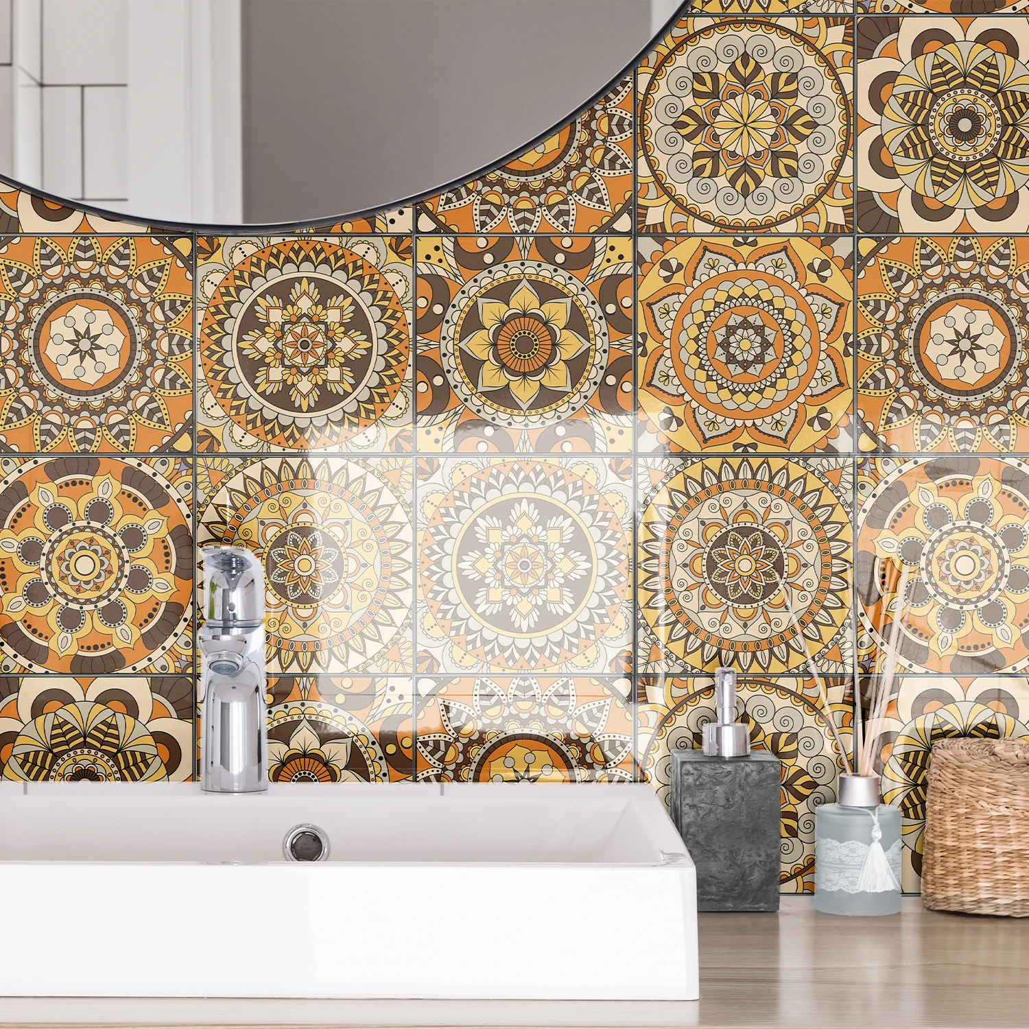 

12 Pieces Of Mandala Thickened Crystal Tiles Self-Adhesive Waterproof Room Decoration Living Room Kitchen PE Wall Stickers