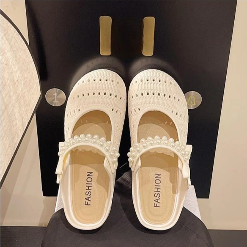 Summer Breathable Casual Walking Women's Slippers Pearl Bow Slip on Backless Flats Light Woman Shoes Hollow Out Women's Sandals