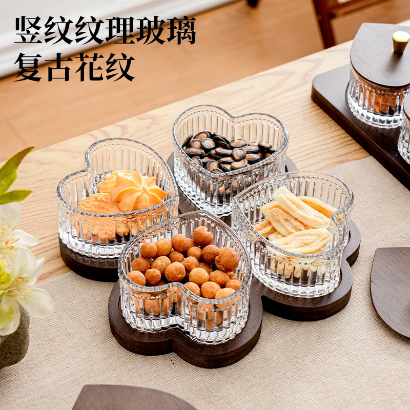 New Glass Fruit Tray Hotel Afternoon Tea Snack Tray Lead-free Glass Heart-shaped Divider Snack Tray