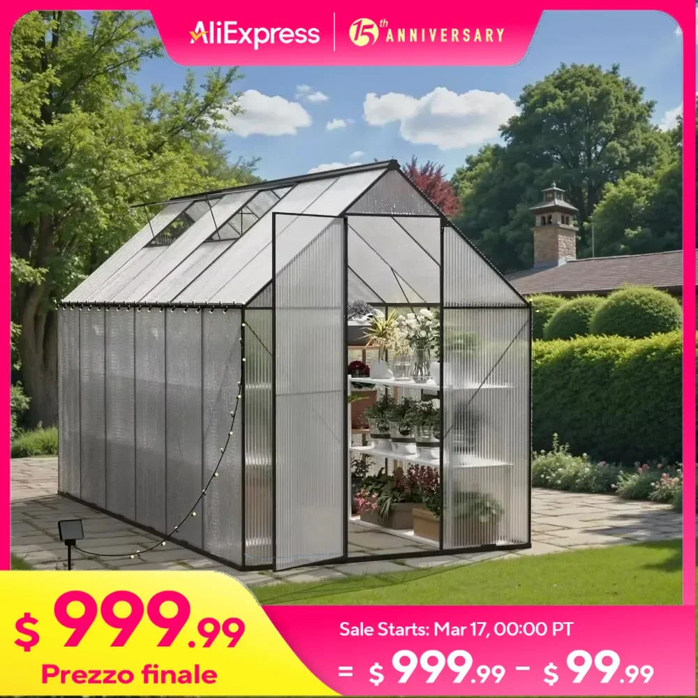 6x12 FT Greenhouses with Aluminum Alloy Frame, Galvanized Steel Base, Outdoor Heavy Duty Polycarbonate Walk in Greenhouse