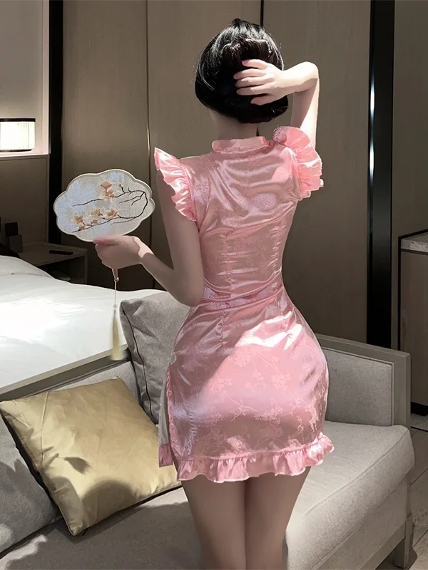 العاطفة ناضجة جديدة الوردي الثدي انفجار مثير عالية الشق مفتوحة الظهر شيونغسام مثير النمط الكلاسيكي فستان خادمة خاصة Y0M0