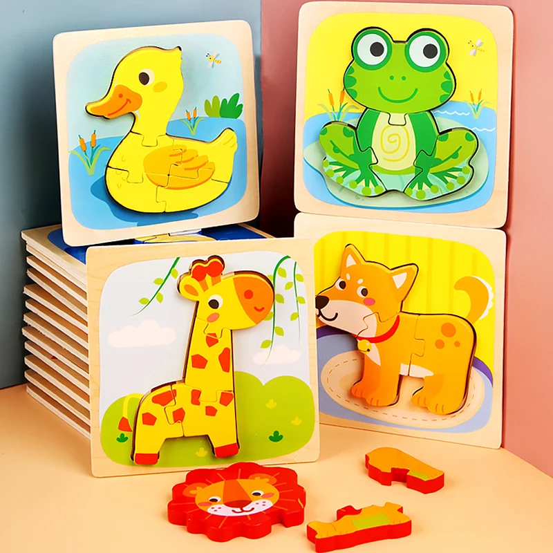 Puzzle en bois avec animaux de dessin animé, jouets éducatifs Montessori en bois pour l'apprentissage précoce, jouets éducatifs pour enfants, cadeau