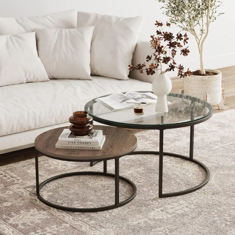 Stella Round Modern Nesting Coffee Set of 2, Stacking Living Room Accent Tables, Rustic Oak/Gunmetal/Clear Glass