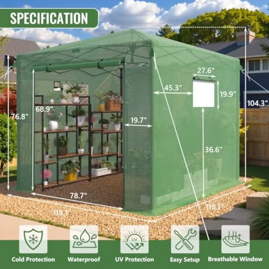 Outdoor portable walk-in greenhouse with PE cover, green color, quick setup and roll-up zipper door for garden and backyard use