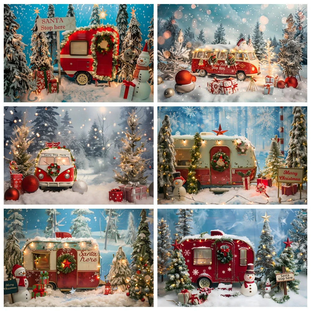 

Santa Claus Retro Truck Christmas Photography Background Xmas Tree Forest Snow Backdrop Candy Cane Gift Decor Family Party Photo