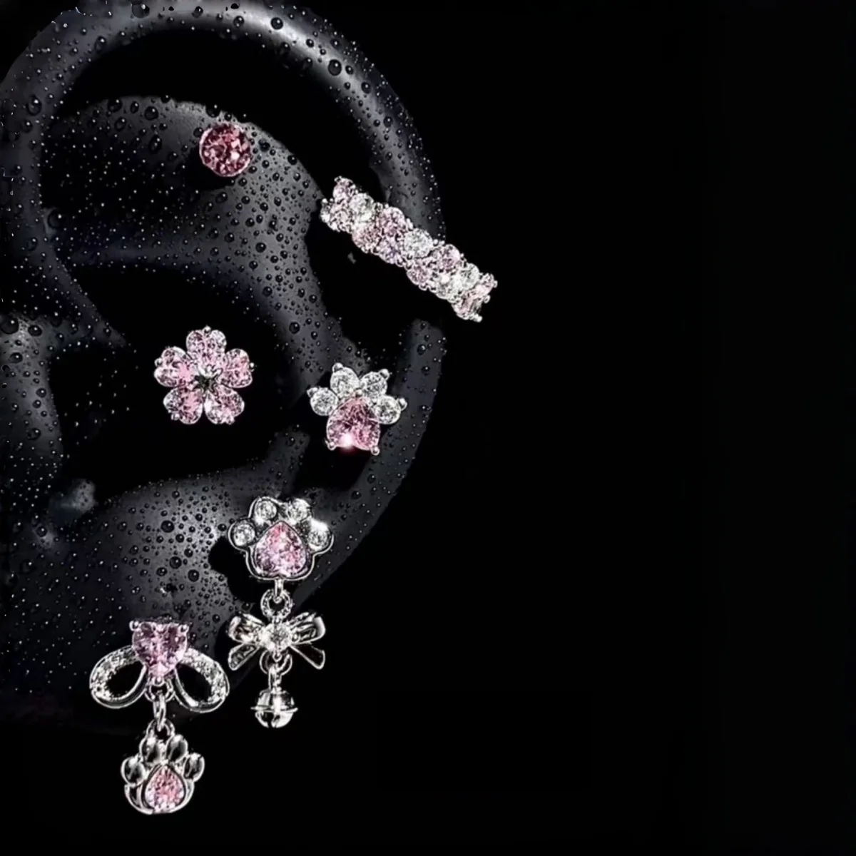 1PCS Sweet Fashion Pink Zircon Stainless Steel Cat's Paw Ear Bone Nail For Women Y2K Cute Cochlear Puncture Earrings Girls Gift