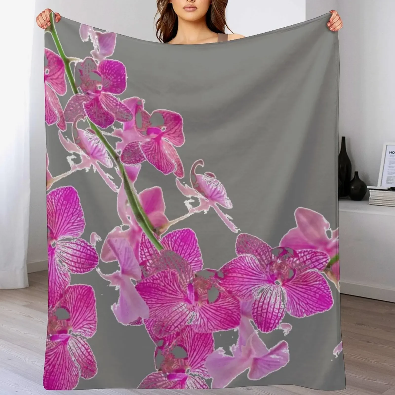 GREY TROPICAL FUCHSIA-PINK ORCHID FLOWERS ABSTRACT Throw Blanket Sofas Winter beds Blankets