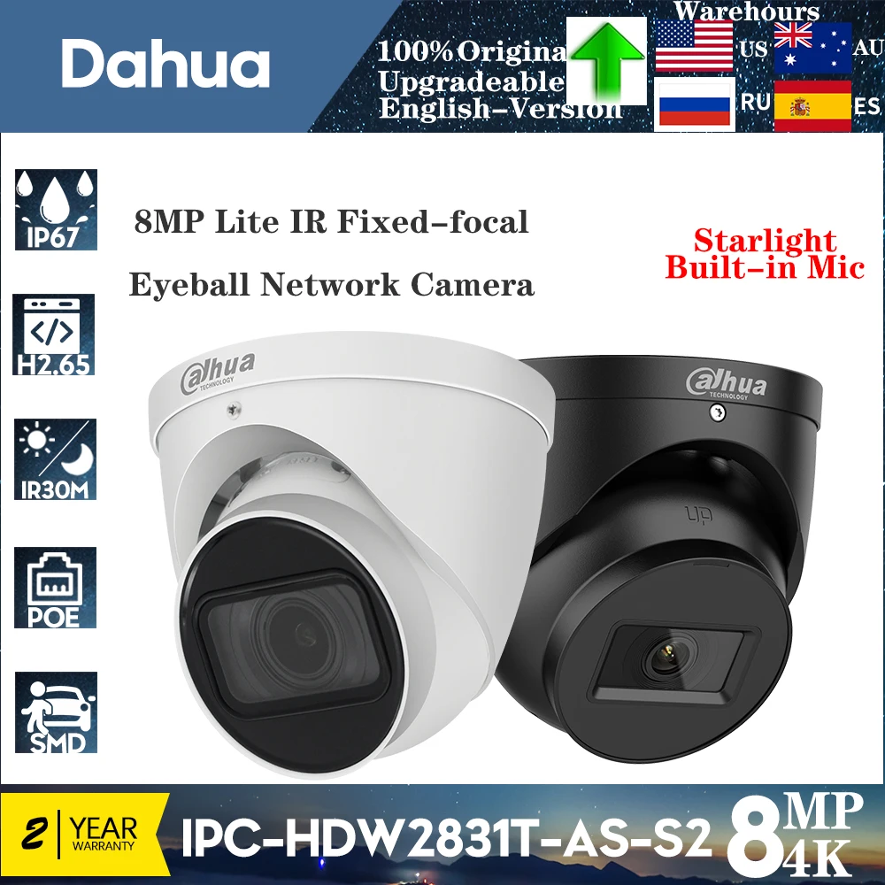 Original Dahua 8MP Camera 4K IPC-HDW2831T-AS-S2 IR PoE Build-in LED Mic SD Card Slot Surveillance Starlight max IR distance 30 m