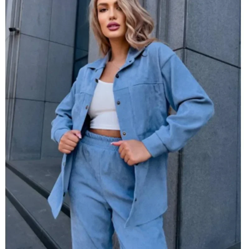 Jesienny ciepły aksamitny pasujące zestawy damski dres dwuczęściowy zestaw koszule z długim rękawem bluzki kieszenie ołówkowe spodnie Casual Slim Fit