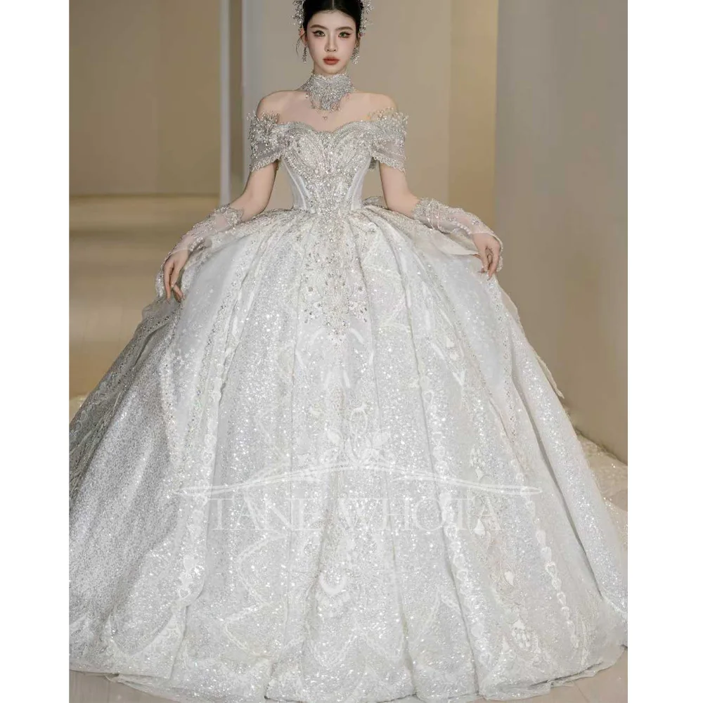 Robe de mariée personnalisable en dentelle chérie, épaules dénudées, robe de mariée à paillettes et perles