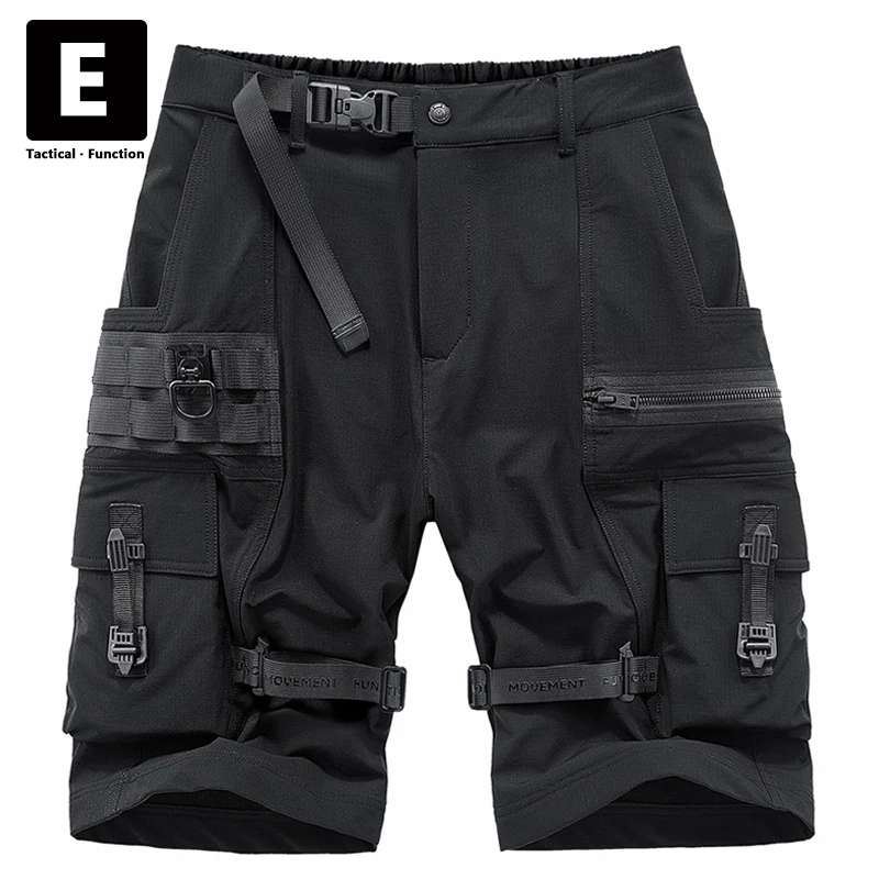 

Military Cargo Shorts Men Techwear Hip Hop Black Shorts Summer Harajuku Button Ribbon Pockets Streetwear Short Pants Male