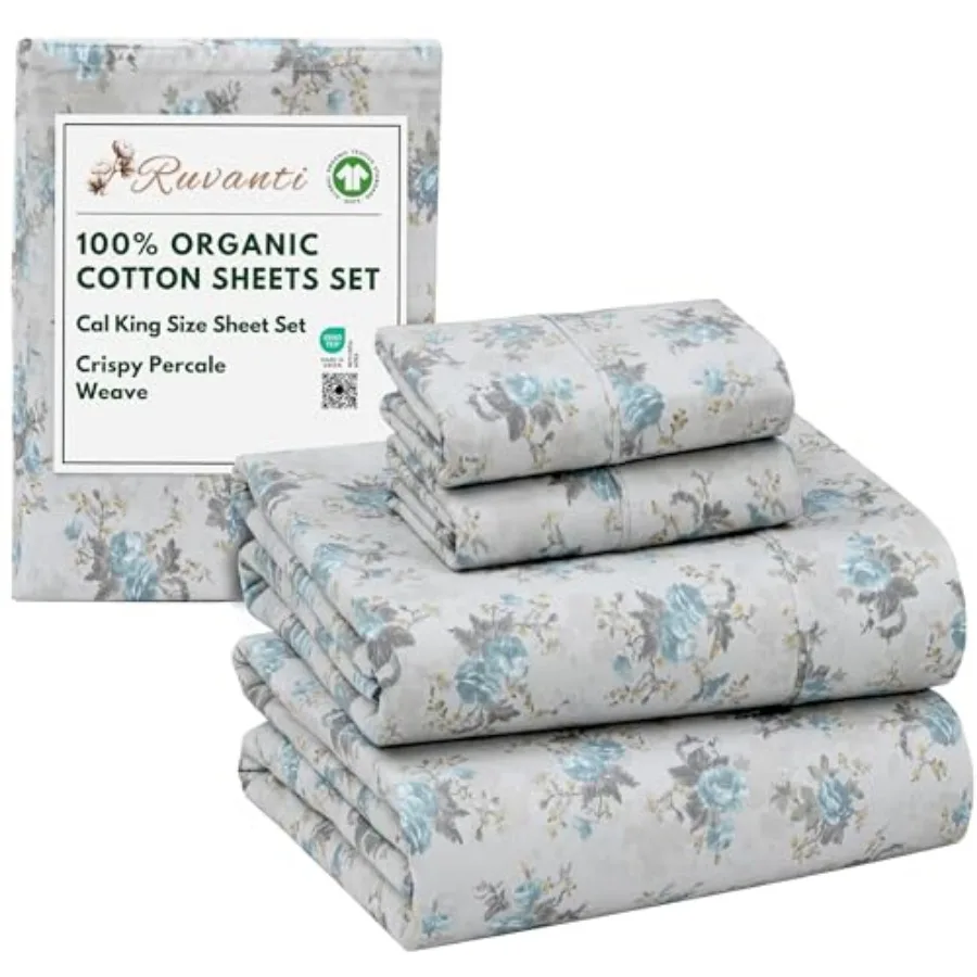 

100% Cotton Organic Sheets Size, Percale Weave, GOTS Certified, 4-Piece Bedding Set, Deep Pocket 13", Soft and Durable