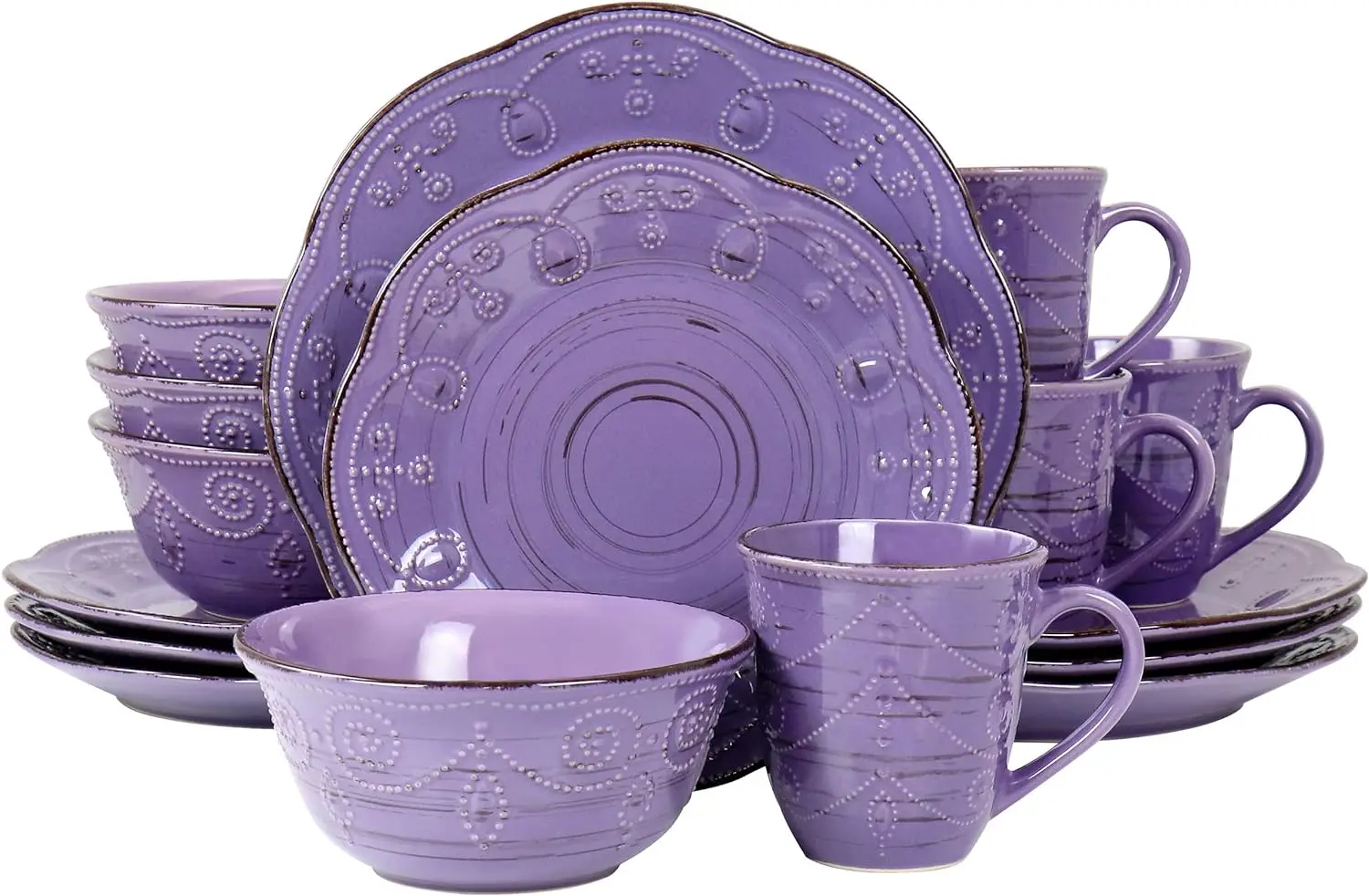 

Rustic Birch 16 Piece Stoneware Dinnerware Set in Purple, Purple with Brown Accents