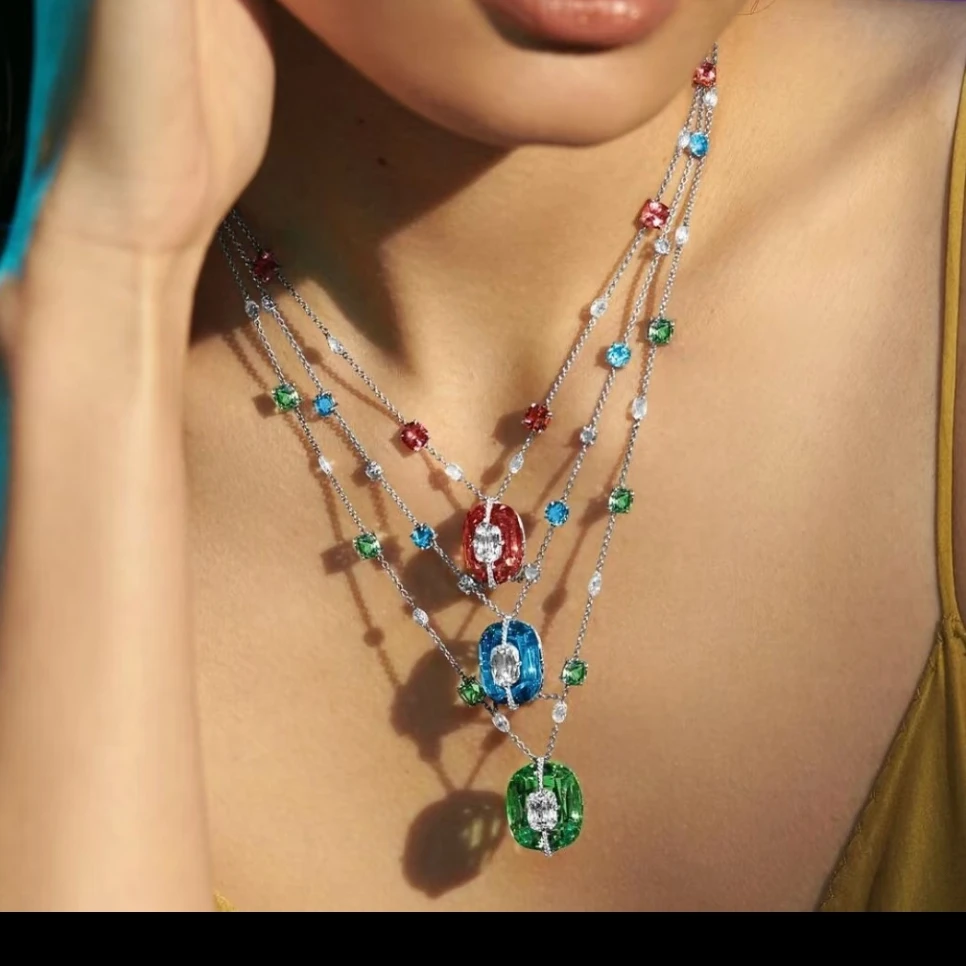 KQDANCE 925 Silver Cushion Cut Sapphire Blue Red Green Crystal Gemstone Necklace Earrings Rings Women Wedding Party Jewelry Set view 3