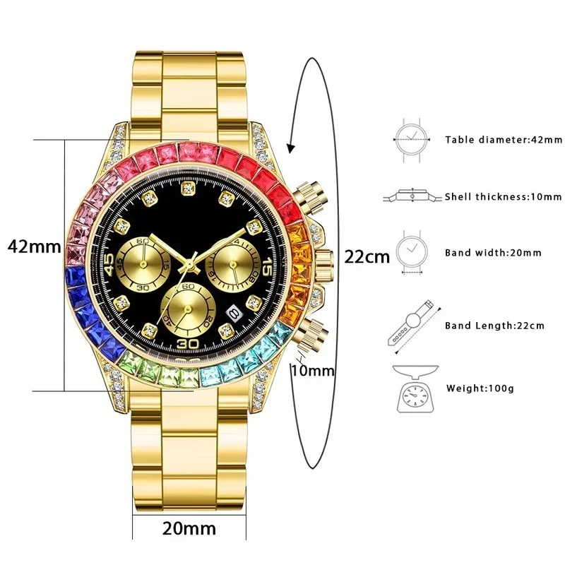 Fashion Mens Sports Watches Stainless Steel Day Date Watch Men Luxury Colored Diamonds Calendar Quartz Wristwatch Hip Hop Clock