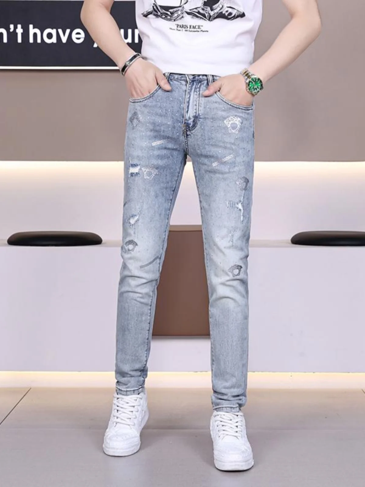 

Американские джинсы премиум-класса в стиле ретро с дырками и стразами, мужские, легкие, роскошные, модные, брендовые, облегающие, повседневные, универсальные, длинные.