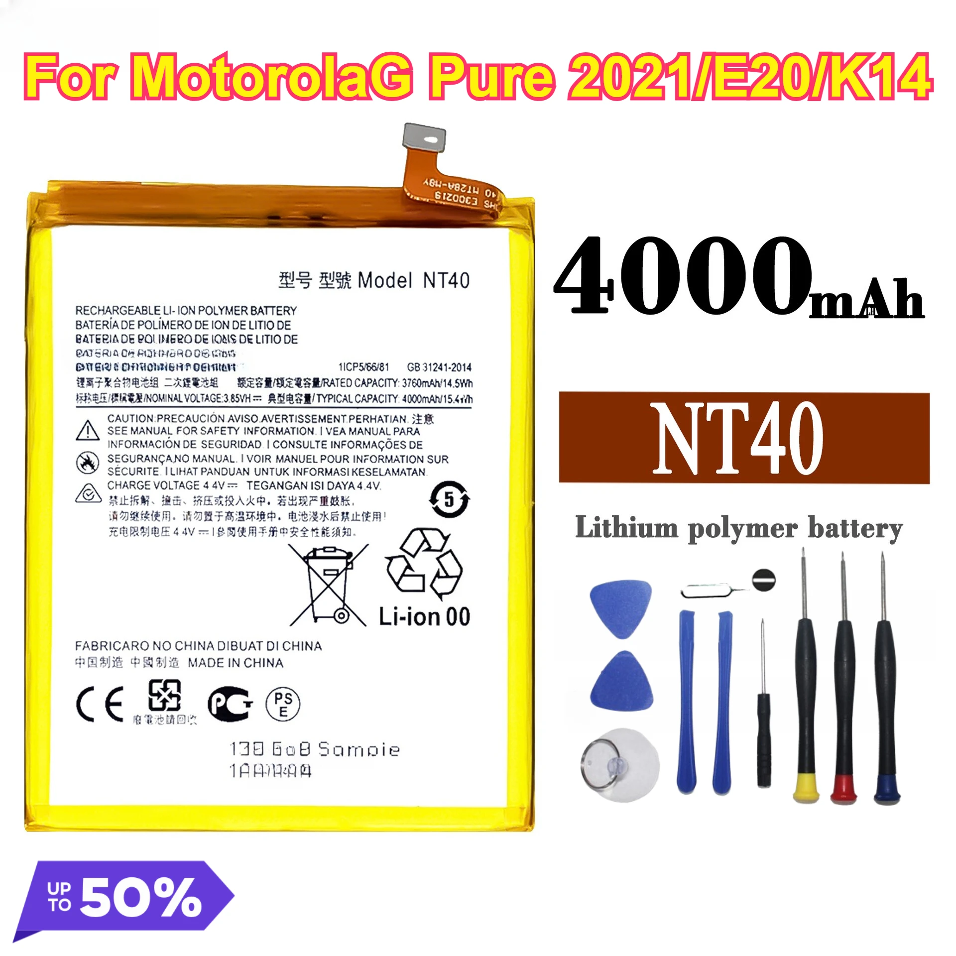 

NT40 4000 мАч, высококачественный аккумулятор с нулевым циклом для Motorola G Pure 2021/E20/K14 XT2163-4, аккумуляторы для мобильных телефонов + инструменты