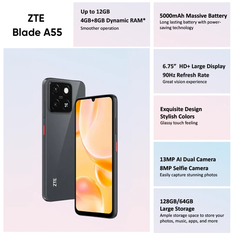 NEW ZTE Blade A55 Global Version 6.75“ ”TFT 90Hz Display Unisoc SC9863A 13MP Al Dual Camera 5000mAh Massive Battery 10W Charger