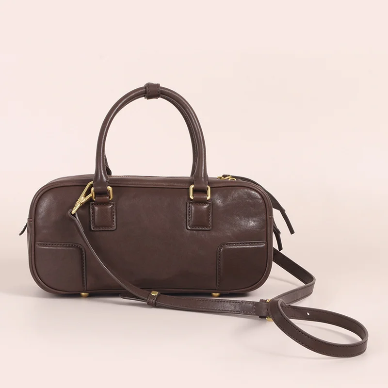 

2026 New Vintage Tanned Leather Handbag Cowhide Women Fashionable Shoulder Crossbody Bag for Commuting Boston Bag Style Handbags