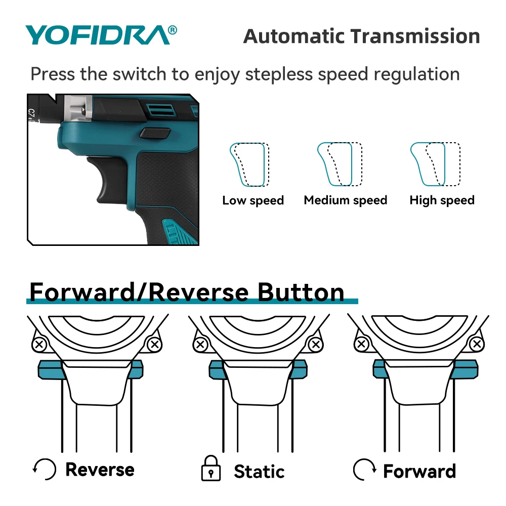 YOFIDRA 3-in-1 Elektrischer Schlagbohrer 25+3 Drehmomentstufen Handgeführter Akku-Schlagbohrer Holzbearbeitungs-Elektrowerkzeug für Makita 21V Akku – Detail 9