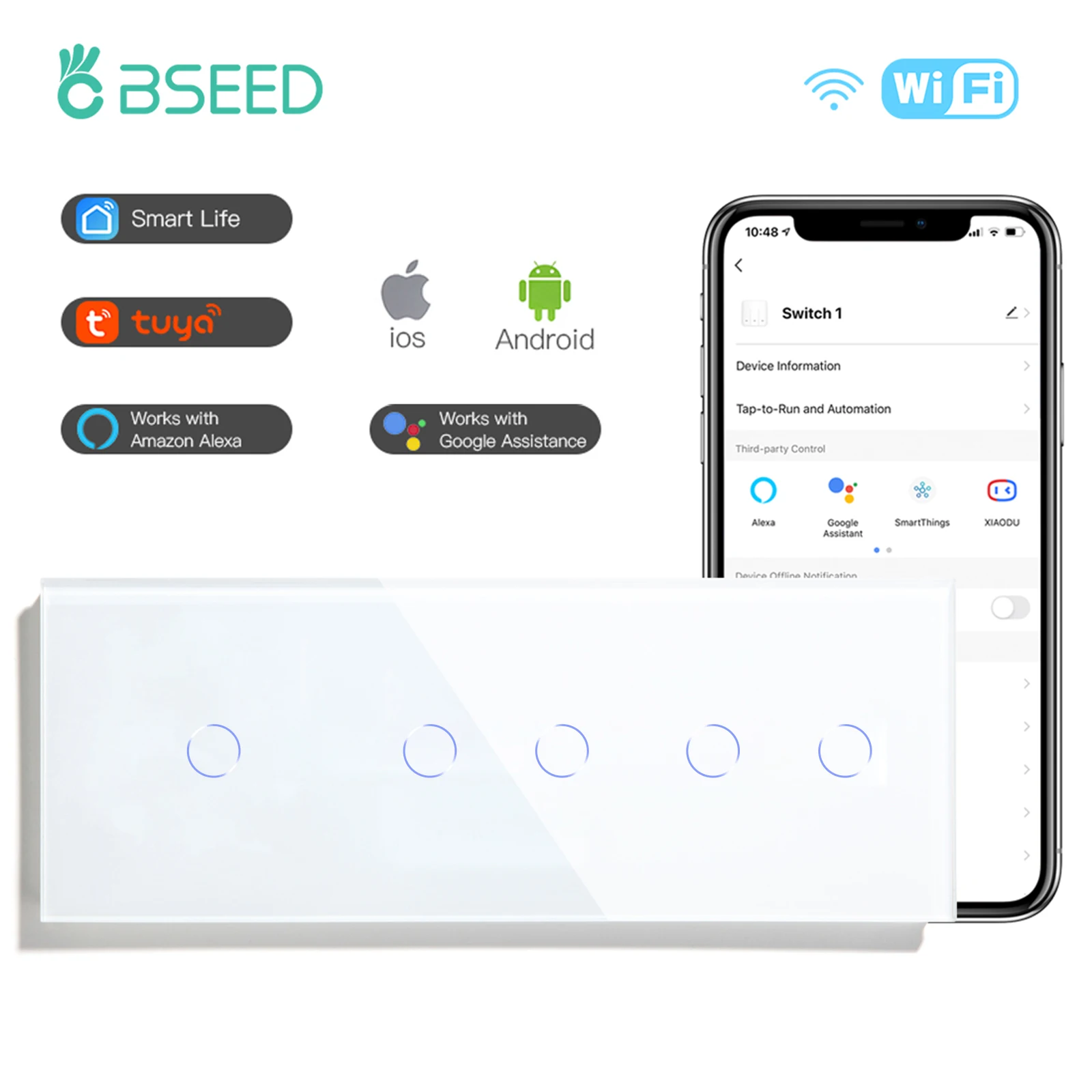 

BSEED Wifi Switches 2Gang Sensor Touch Switches 1Gang Wall Smart Light Switches Class Panel Tuya App Control Google Alexa 10A