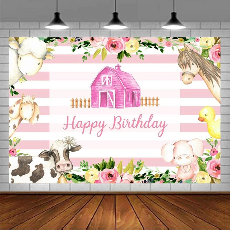 Pink Farm Girl Birthday Party Photography Backdrop Cartoon Animals Rustic White And Pink Stripes Floral Background Decor Banner