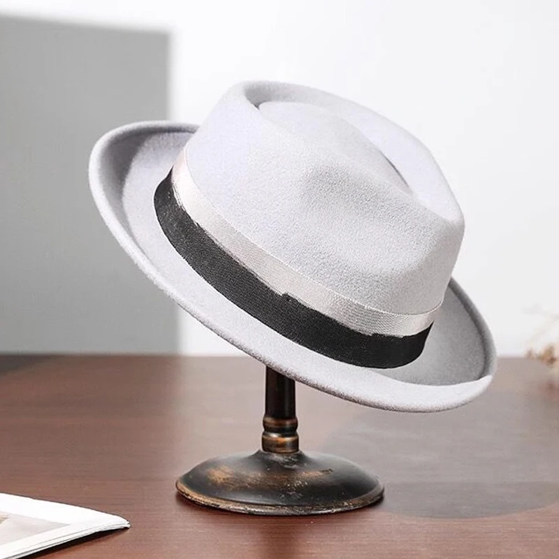 Roll Brim Fedora Hats for Men Women 100% Wool Felt Panama Rancher Hat With Two Color Webbing Distressed