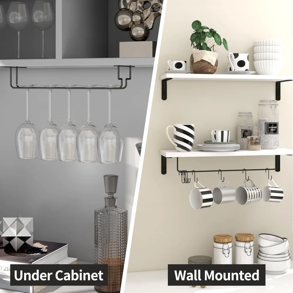 20-Inch Floating Shelf with Hooks, Set of 2 for Mugs and Glasses, Wall-Mounted Storage