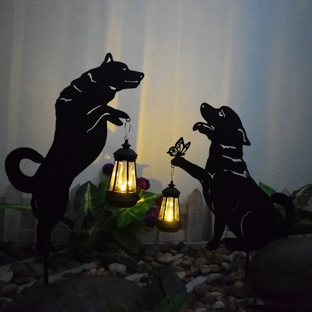 Solar Powered Outdoor Animal Lawn Light, Iron Plaque Inserted Dog Carrying Light, Courtyard Garden Landscape Decoration