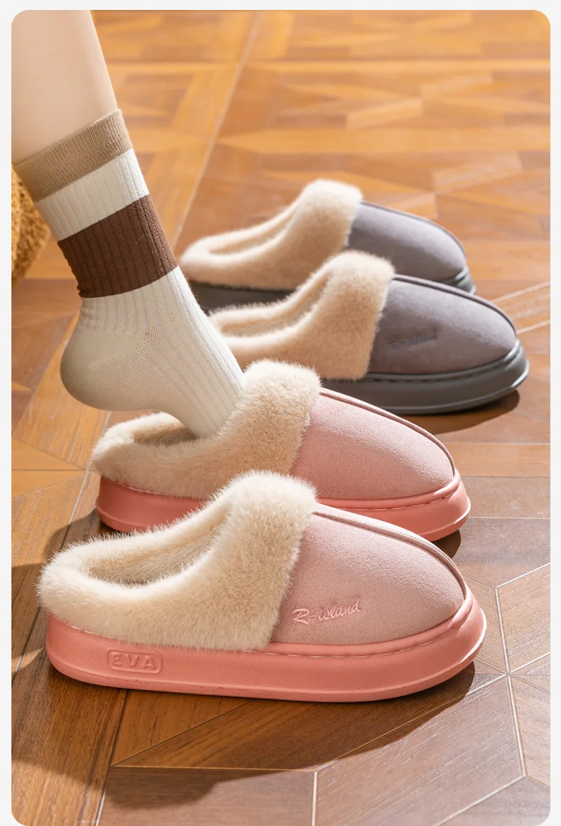 Shevalues Winter-Hausschuhe mit Plüschfutter für Damen, dicke Sohle, rutschfest, für den Innenbereich, bequeme Hausschuhe mit Fellbesatz. – Detail 15