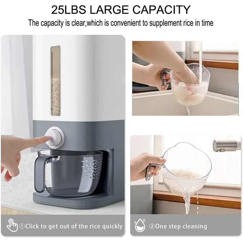 Cylinder Moisture Proof Household Cereal25 Lbs Rice Dispenser, Large Grain Container Storage with Lid Measuring