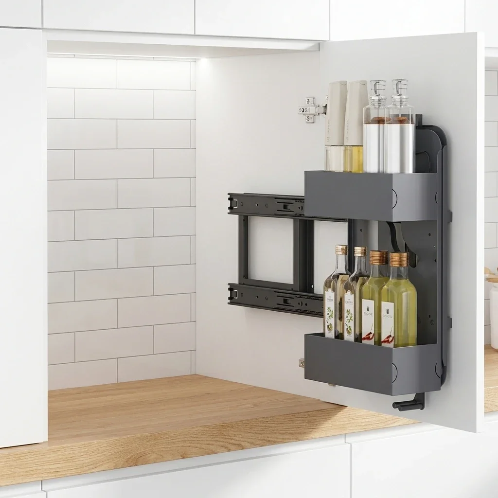 Vertical Lift Storage Kitchen Cabinet Ultra Narrow Pull Down Wall Basket Organizer Rack for Home Spice Holder Space Saving