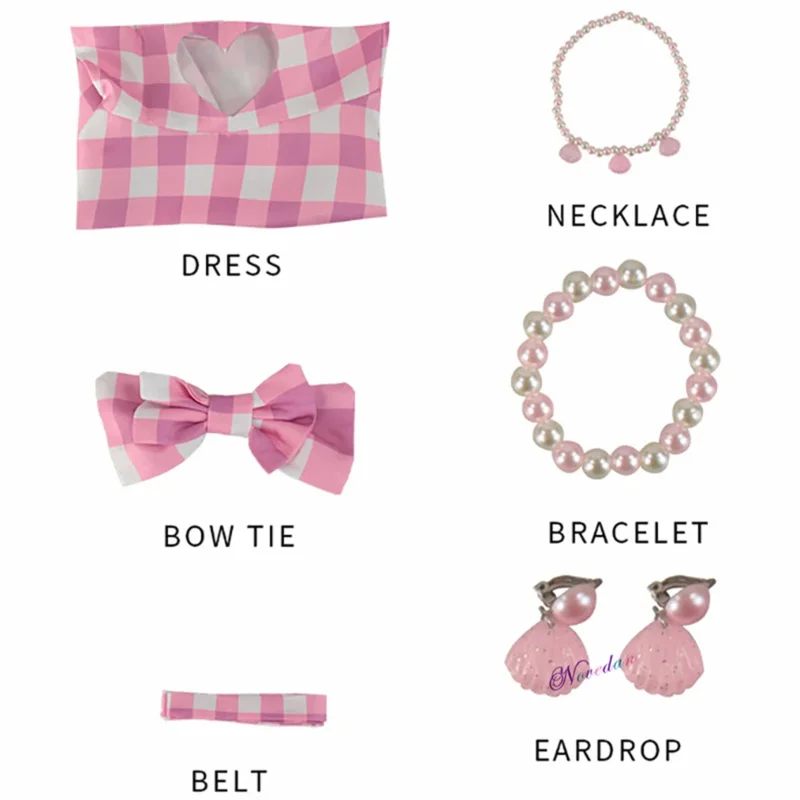 أزياء باربي لفيلم 2023 للنساء والأطفال والبنات فستان منقوش للأميرة الوردية ملابس مارجوت روبي التأثيرية أزياء حفلات الهالوين