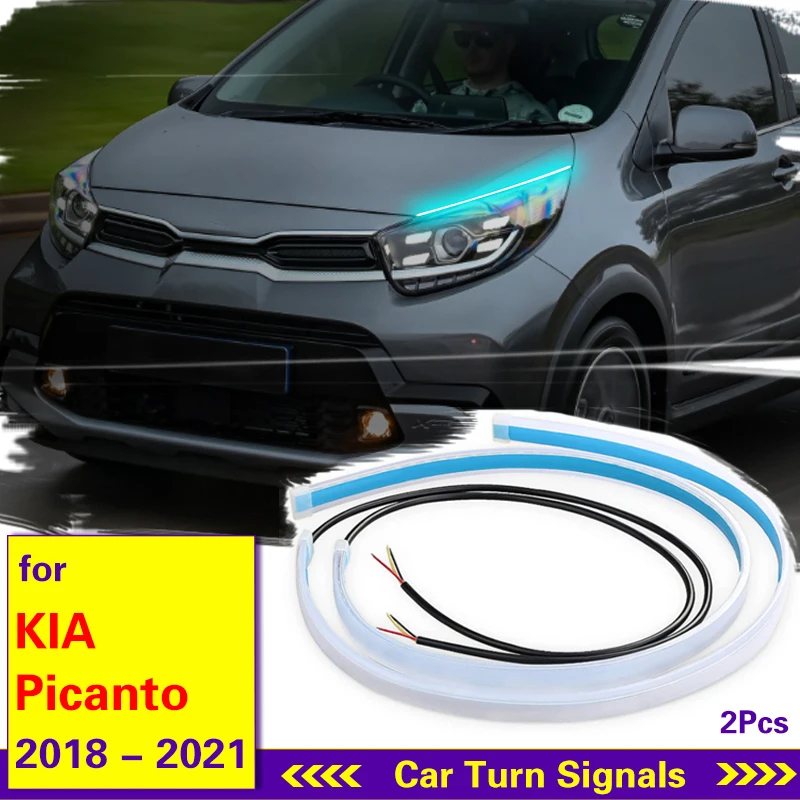 

1pair Car LED DRL Daytime Running Lights For Kia Picanto 2018-2021 Flexible Waterproof Auto Turn Signal Yellow Brake Side Light