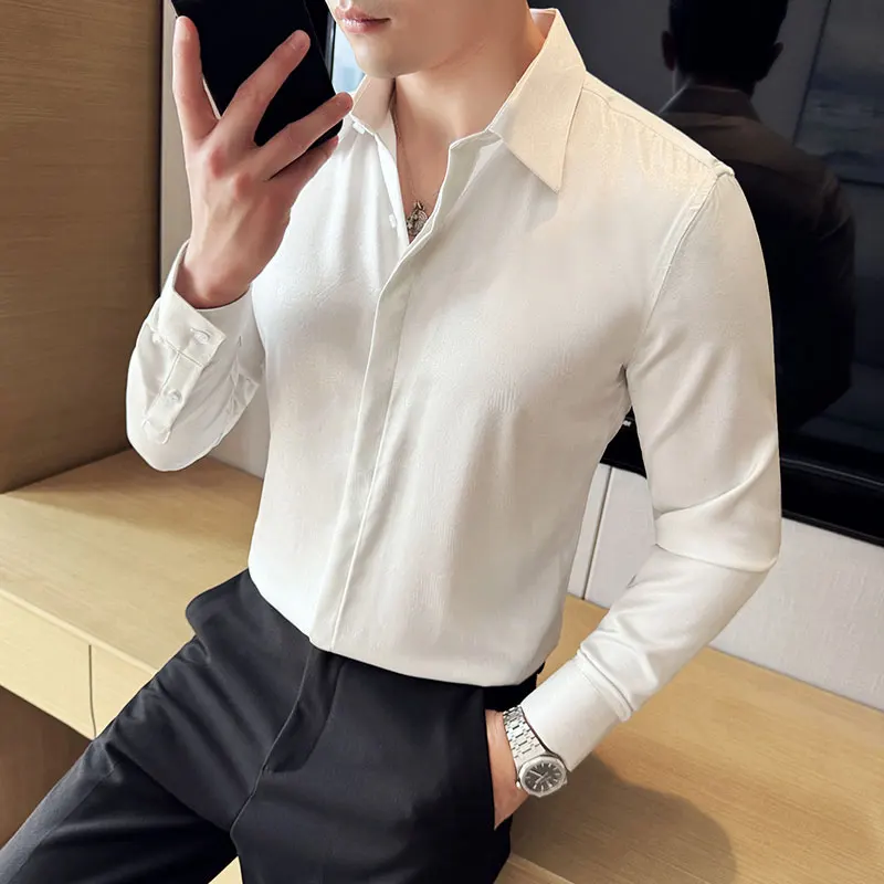 Camicie lucide per uomo camicia sociale da uomo a maniche lunghe in tinta unita di alta qualità Slim Fit antirughe Club Prom Tuxedo Dress 4xl-m