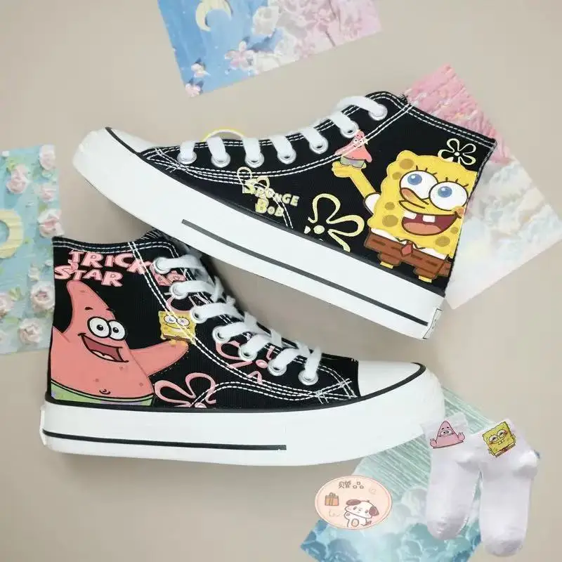 drop shipping SpongeBob SquarePants 2025 new spring Student Women's Shoes Men's Shoes Couple High Top Canvas Shoes Casual Shoes