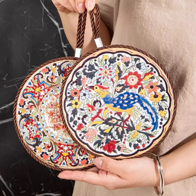 Vintage Ceramic Heat Insulating Mat Heat Resistant Mat With Cork Base Coasters New Chinese Style Dinner Mat With Hanging Rope