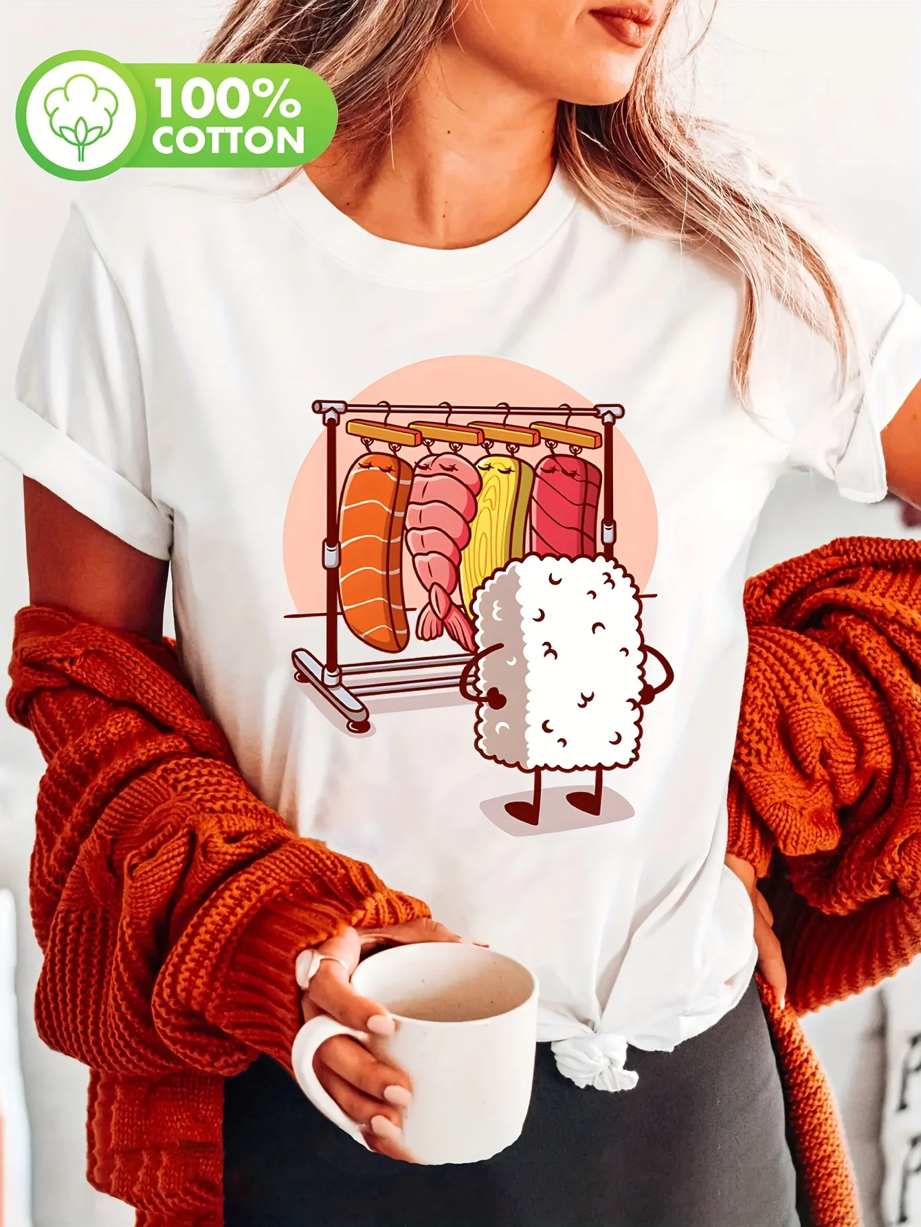 

[Футболка с аниме] Повседневная женская футболка с аниме-суши | 100% трикотажная футболка стандартной длины с круглым вырезом и короткими рукавами, всесезонная